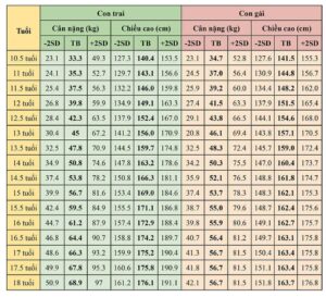 Bảng số đo chiều cao cho bé gái từ 15 đến 18 tuổi