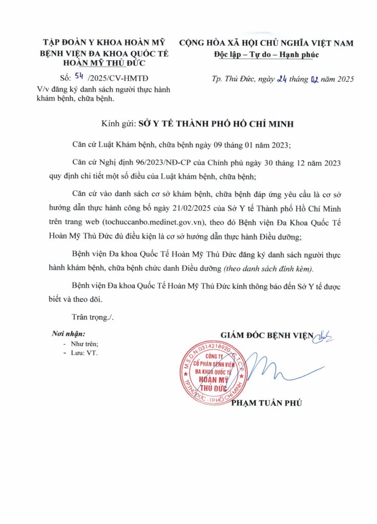 Danh sách người thực hành khám chữa bệnh tại Bệnh viện đa khoa Quốc Tế Hoàn Mỹ Thủ Đức ngày 24.02.2025