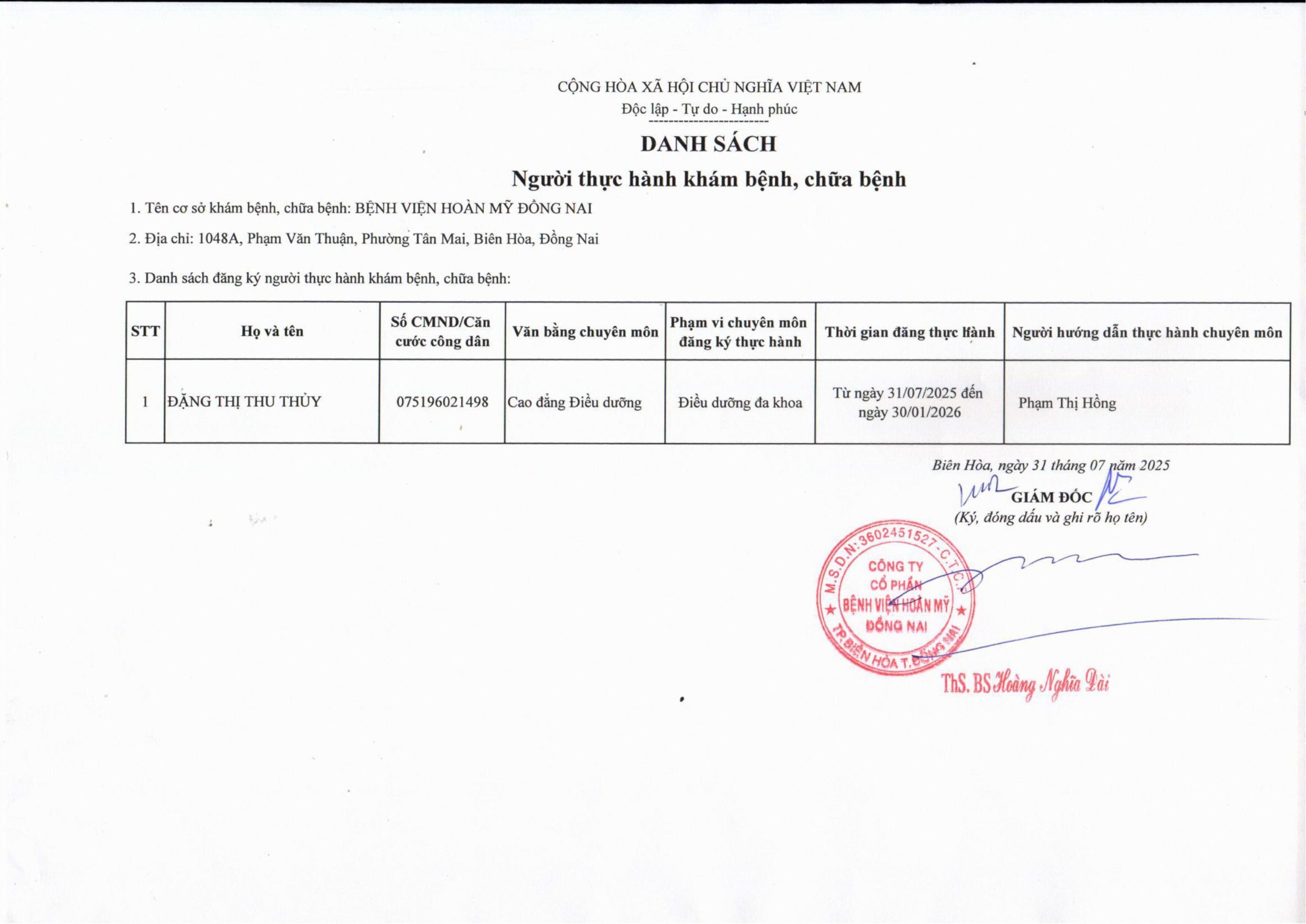 Danh sách người thực hành khám chữa bệnh tại Bệnh viện Hoàn Mỹ Đồng Nai ngày 31.07.2025