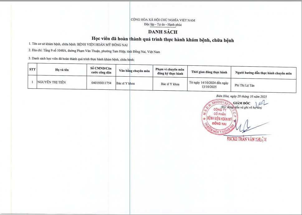 Danh sách học viên hoàn thành quá trình thực hành khám chữa bệnh tại Bệnh viện Hoàn Mỹ Đồng Nai ngày 13.10.2025