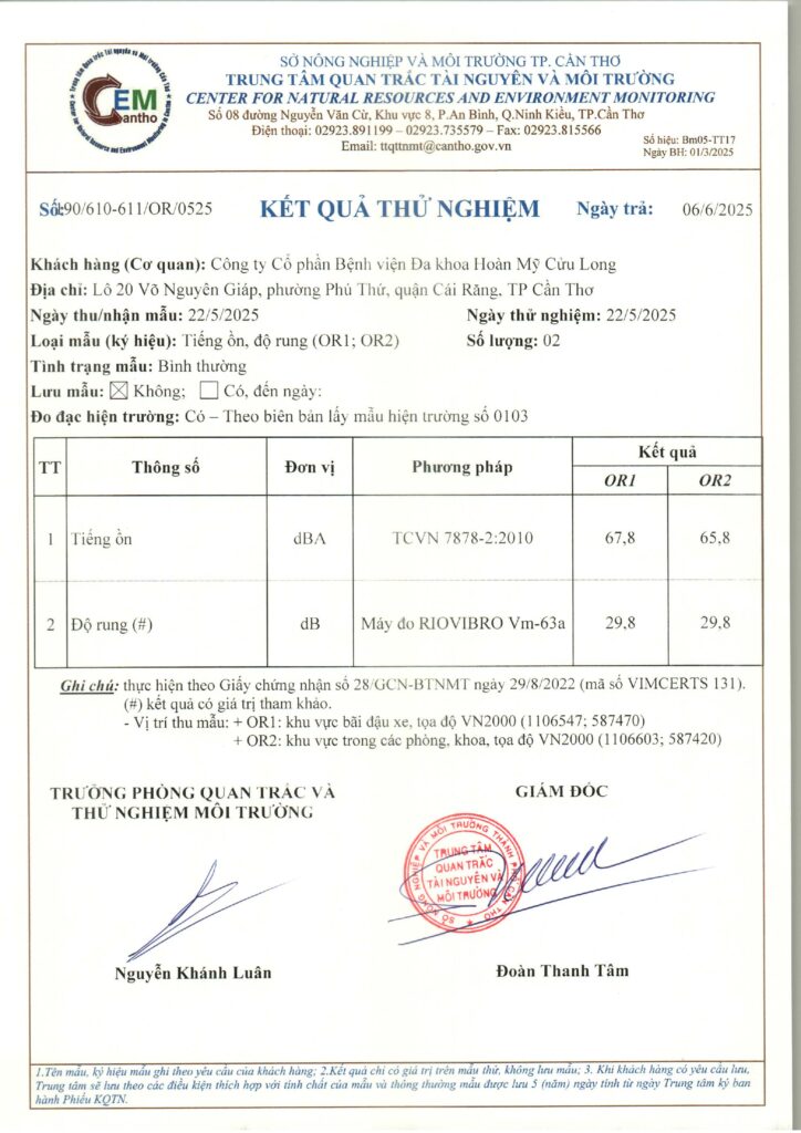 Kết quả quan trắc học quý II – 2025 – Bệnh viện Hoàn Mỹ Cửu Long