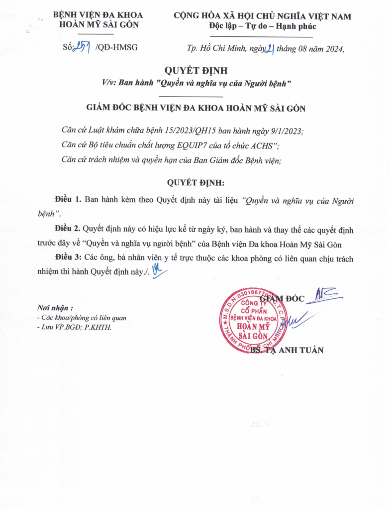 Quy định về quyền và nghĩa vụ của Người bệnh tại bệnh viện Hoàn Mỹ Sài Gòn 
